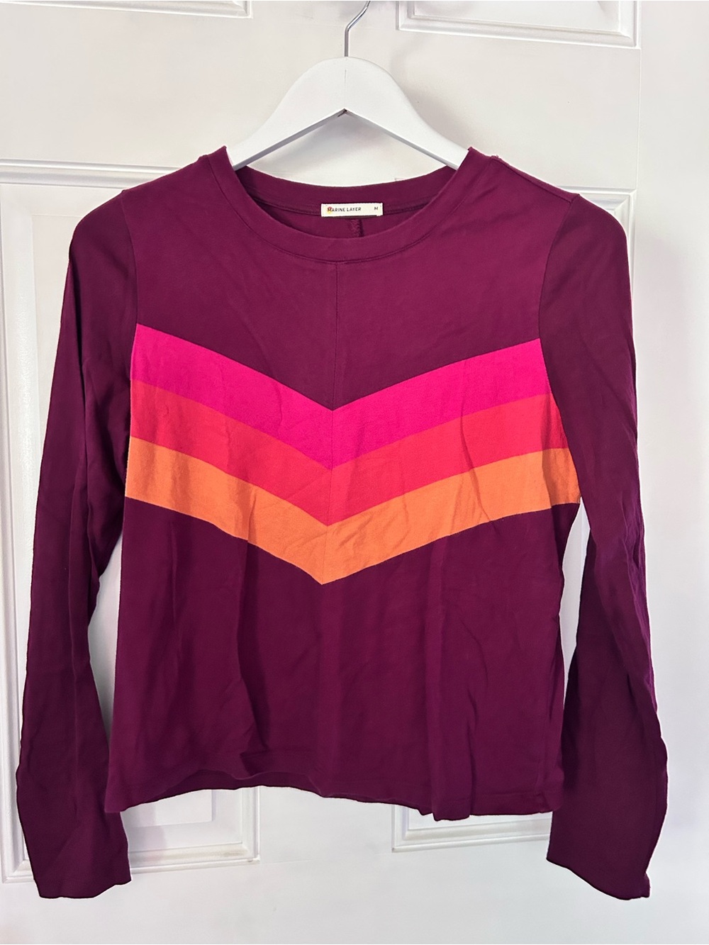 Marine Layer Women's Burgundy Long Sleeve Top with Pink and Orange Chevron